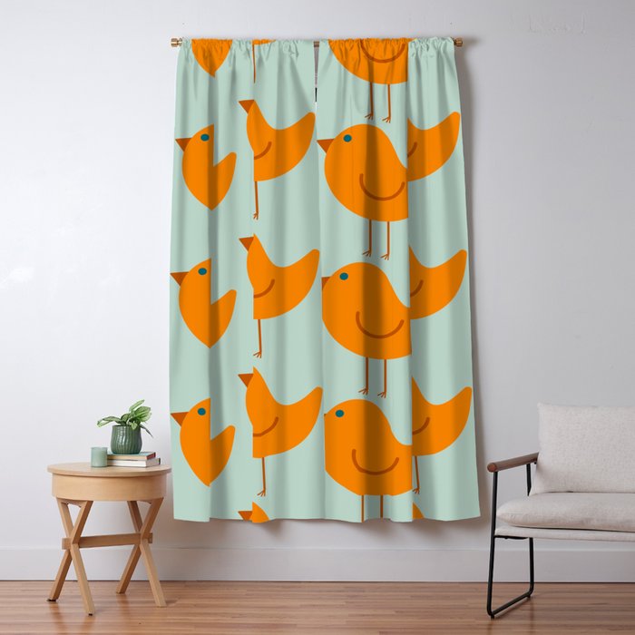 Birdies - Cute Bird Pattern in Orange, Rust, and Light Aqua Window Curtain Gallery Image 1
