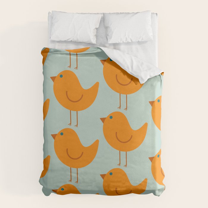 Birdies - Cute Bird Pattern in Orange, Rust, and Light Aqua Duvet Cover Gallery Image 6