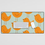 Birdies - Cute Bird Pattern in Orange, Rust, and Light Aqua Desk Mat Gallery Image 1