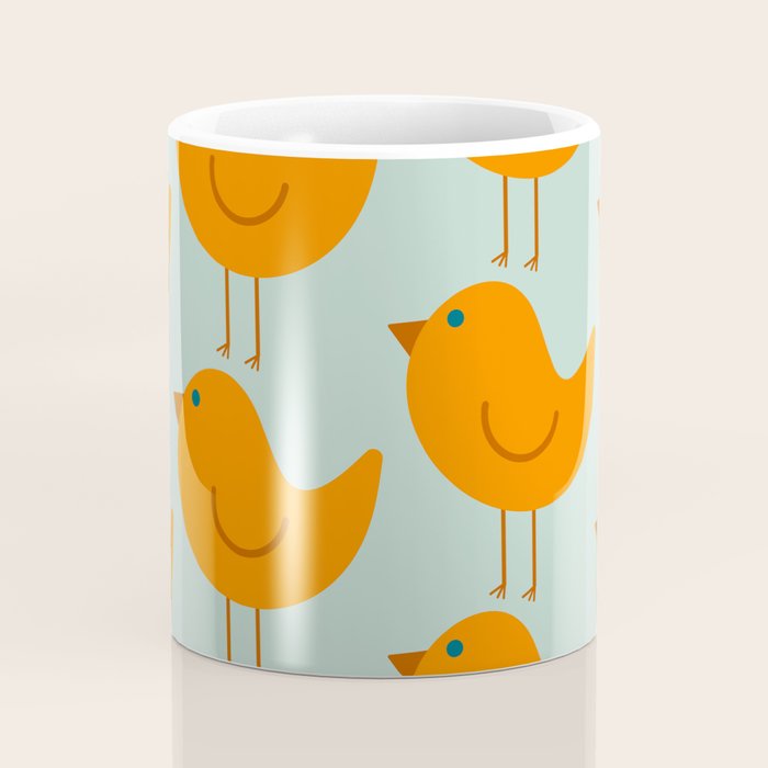 Birdies - Cute Bird Pattern in Orange, Rust, and Light Aqua Coffee Mug Gallery Image 4