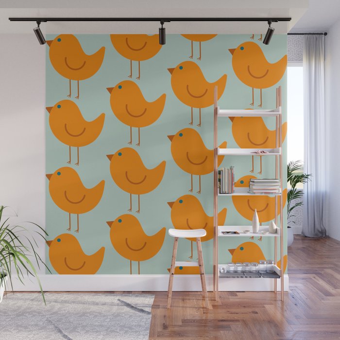 Birdies - Cute Bird Pattern in Orange, Rust, and Light Aqua Wall Mural Gallery Image 1