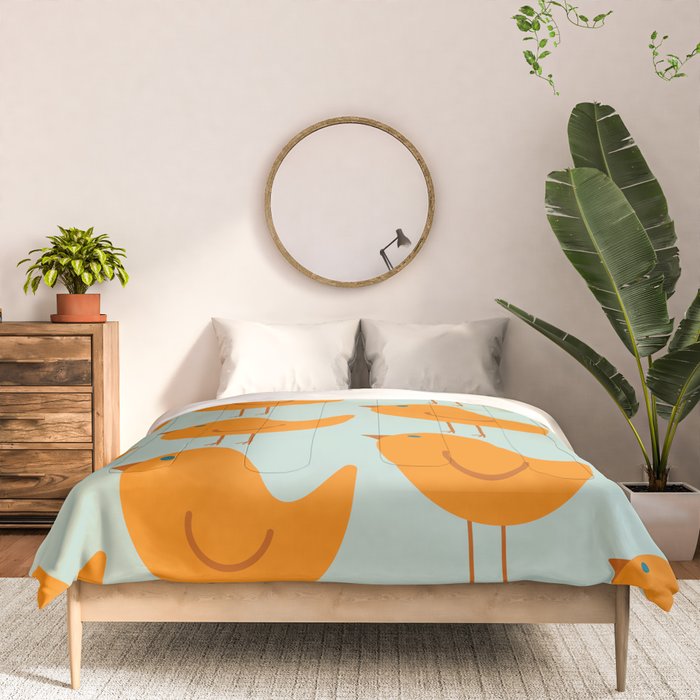 Birdies - Cute Bird Pattern in Orange, Rust, and Light Aqua Comforter Gallery Image 3