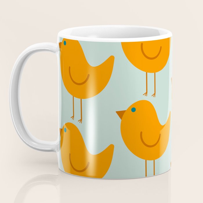 Birdies - Cute Bird Pattern in Orange, Rust, and Light Aqua Coffee Mug Gallery Image 3
