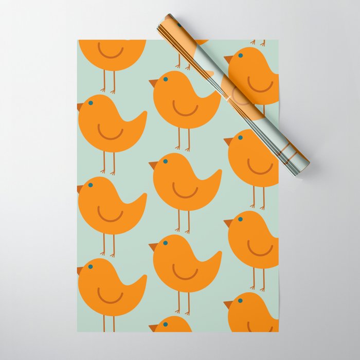 Birdies - Cute Bird Pattern in Orange, Rust, and Light Aqua Wrapping Paper Gallery Image 1