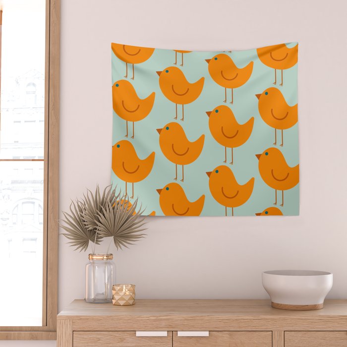 Birdies - Cute Bird Pattern in Orange, Rust, and Light Aqua Wall Tapestry Gallery Image 2