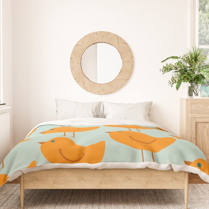 Birdies - Cute Bird Pattern in Orange, Rust, and Light Aqua Duvet Cover Gallery Image 3