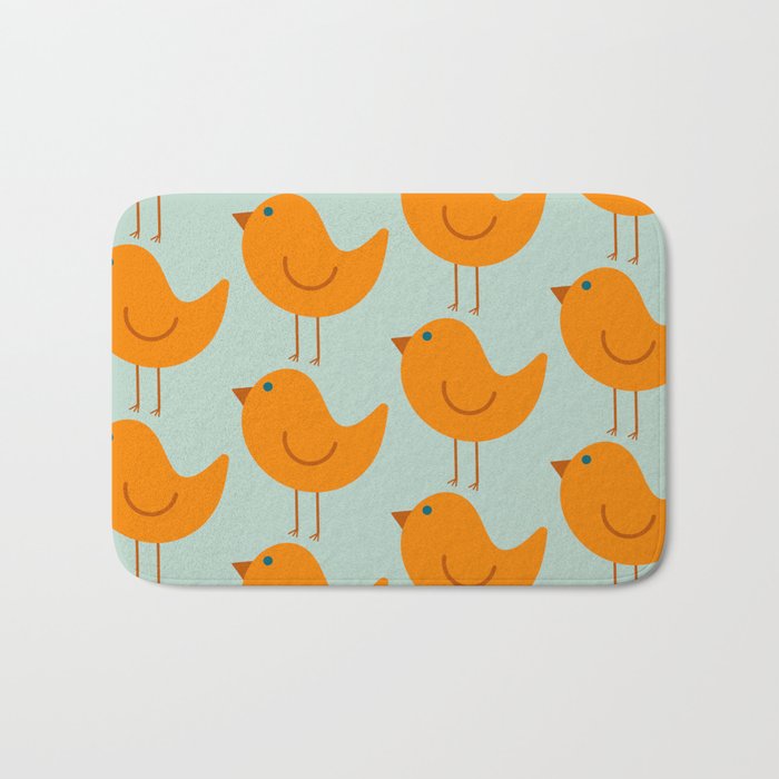 Birdies - Cute Bird Pattern in Orange, Rust, and Light Aqua Bath Mat Gallery Image 1