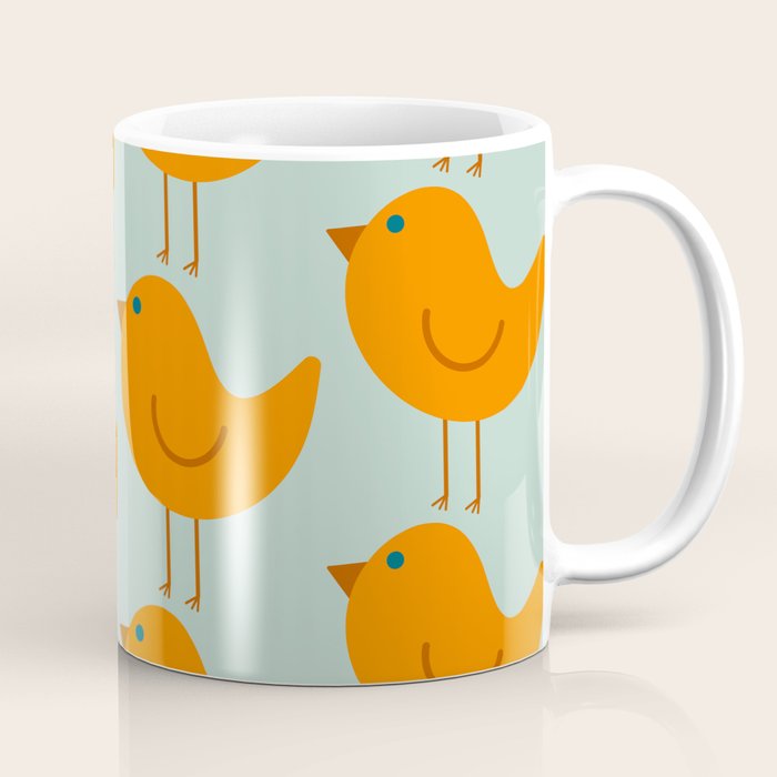 Birdies - Cute Bird Pattern in Orange, Rust, and Light Aqua Coffee Mug Gallery Image 1