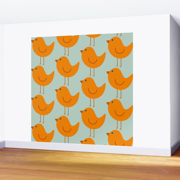 Birdies - Cute Bird Pattern in Orange, Rust, and Light Aqua Wall Mural Gallery Image 2