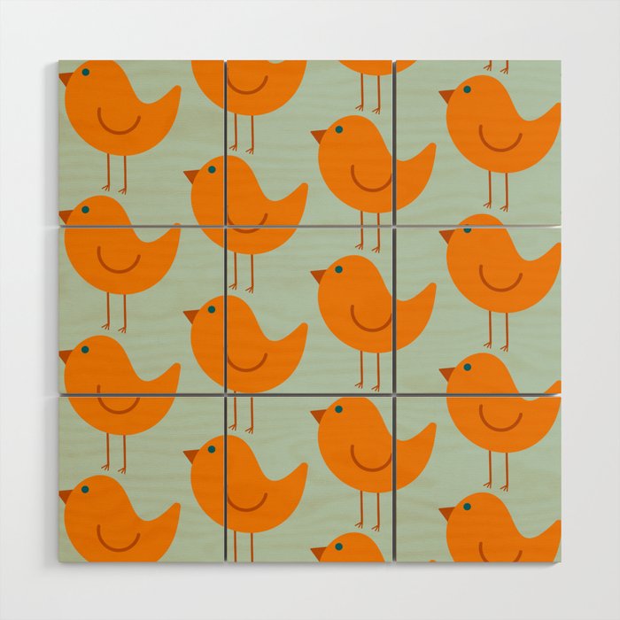 Birdies - Cute Bird Pattern in Orange, Rust, and Light Aqua Wood Wall Art Gallery Image 1