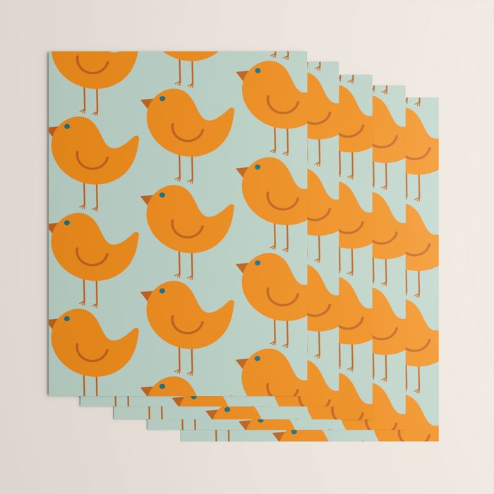 Birdies - Cute Bird Pattern in Orange, Rust, and Light Aqua Wrapping Paper Gallery Image 3