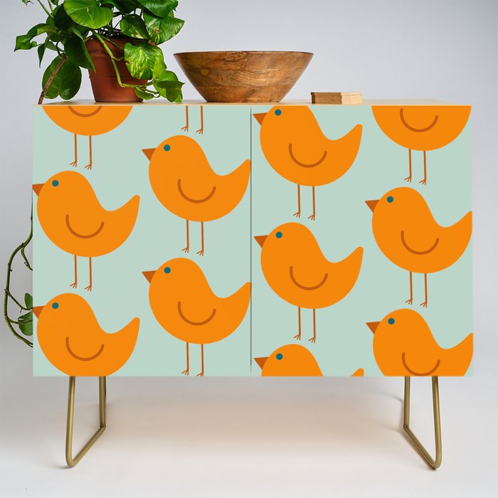 Birdies - Cute Bird Pattern in Orange, Rust, and Light Aqua Credenza Gallery Image 1