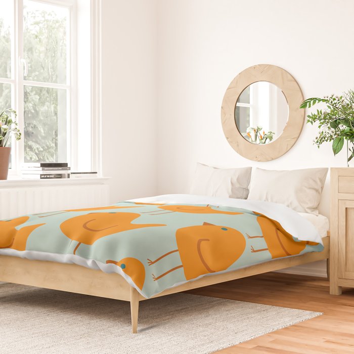 Birdies - Cute Bird Pattern in Orange, Rust, and Light Aqua Duvet Cover Gallery Image 2
