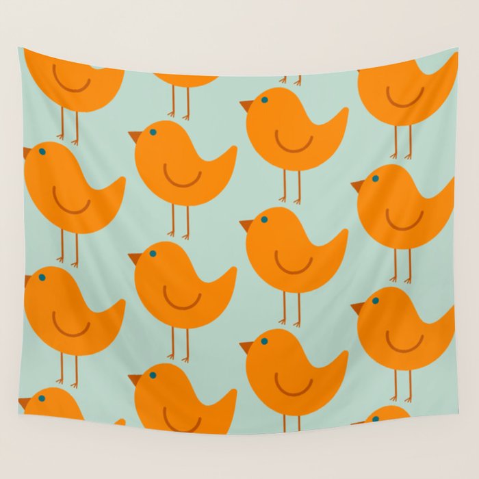 Birdies - Cute Bird Pattern in Orange, Rust, and Light Aqua Wall Tapestry Gallery Image 4