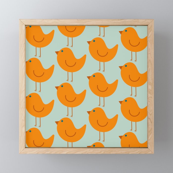 Birdies - Cute Bird Pattern in Orange, Rust, and Light Aqua Mini Art Print Gallery Image 1