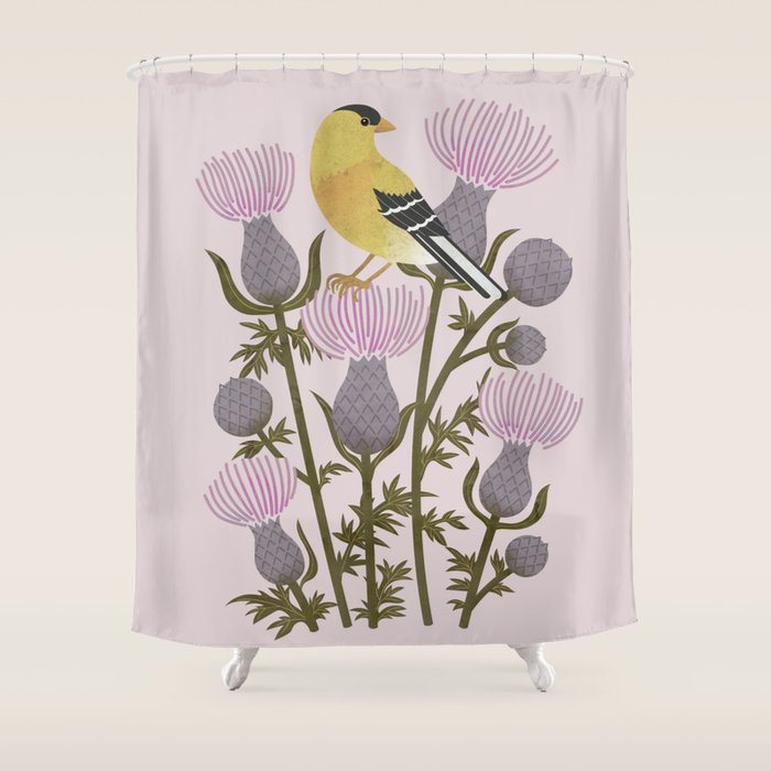 Goldfinch on Purple Thistles Shower Curtain Gallery Image 1