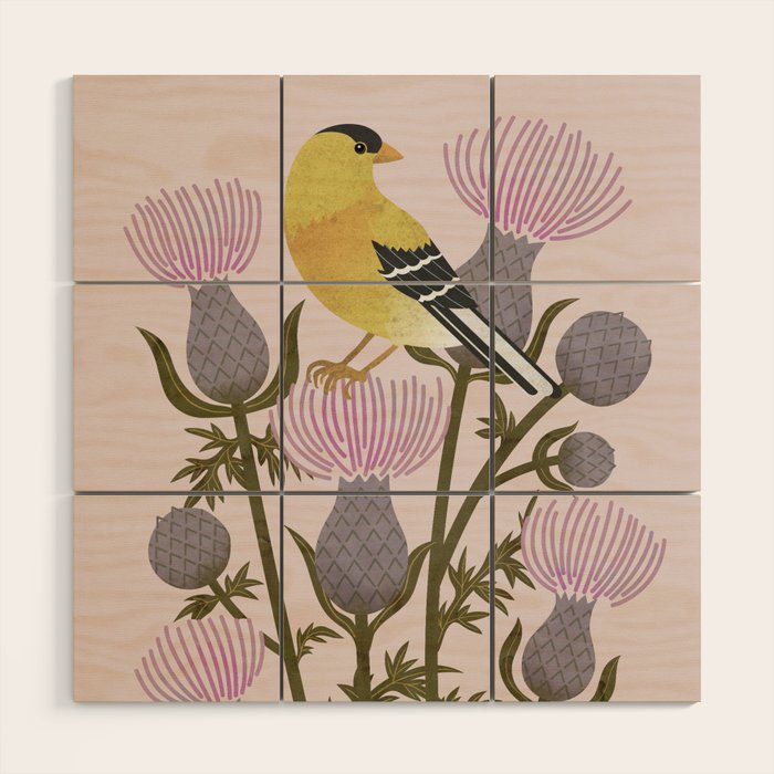 Goldfinch on Purple Thistles Wood Wall Art Gallery Image 1