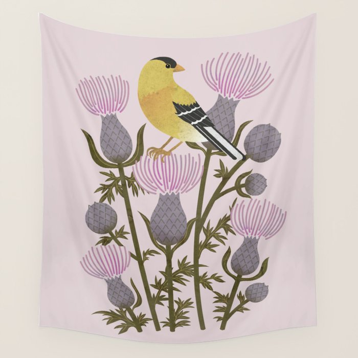 Goldfinch on Purple Thistles Wall Tapestry Gallery Image 4