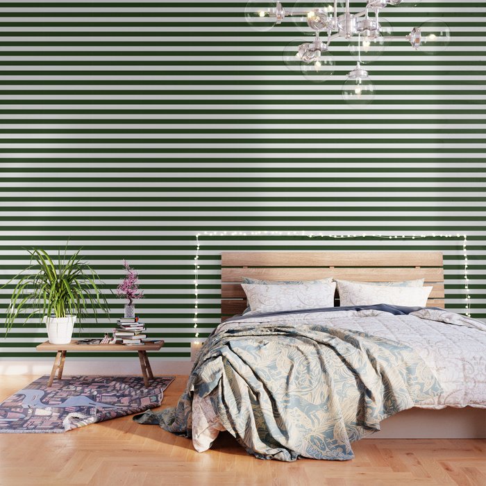 Large Dark Forest Green and White Cabana Tent Stripes Wallpaper Gallery Image 3