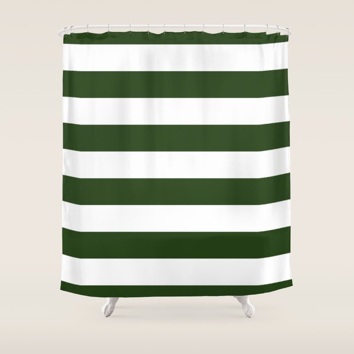 Large Dark Forest Green and White Cabana Tent Stripes Shower Curtain Gallery Image 1