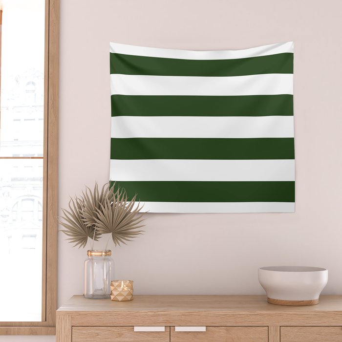 Large Dark Forest Green and White Cabana Tent Stripes Wall Tapestry Gallery Image 2
