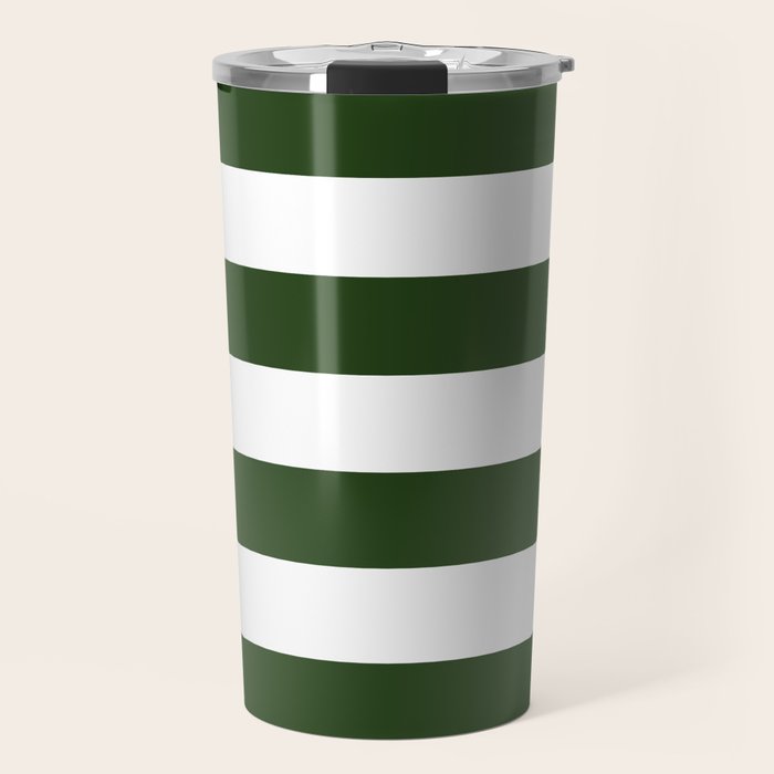 Large Dark Forest Green and White Cabana Tent Stripes Travel Mug Gallery Image 1
