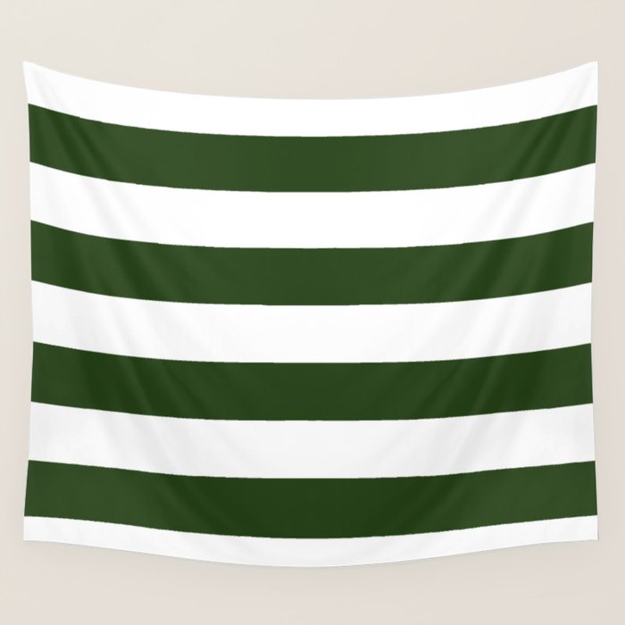 Large Dark Forest Green and White Cabana Tent Stripes Wall Tapestry Gallery Image 1
