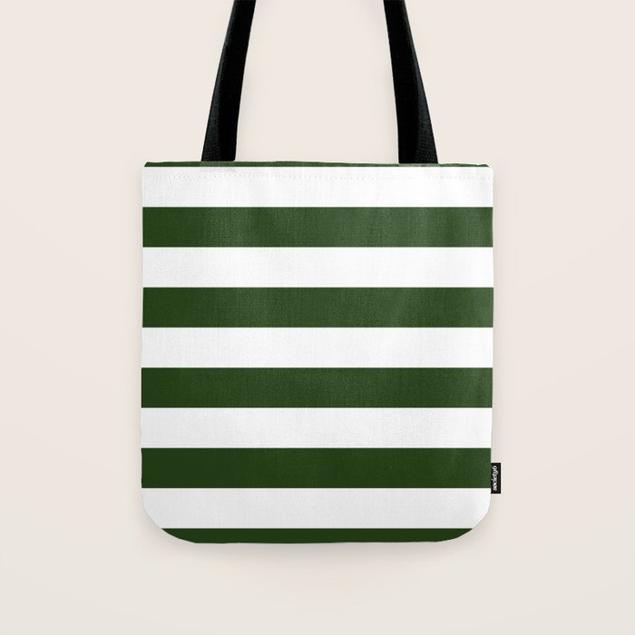 Large Dark Forest Green and White Cabana Tent Stripes Tote Bag Gallery Image 1
