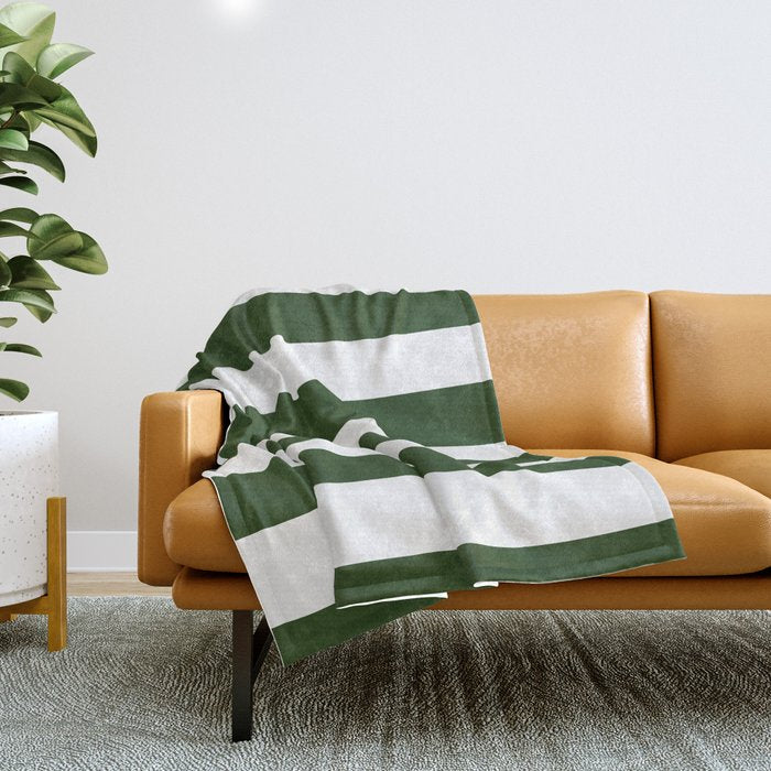 Large Dark Forest Green and White Cabana Tent Stripes Throw Blanket Gallery Image 1