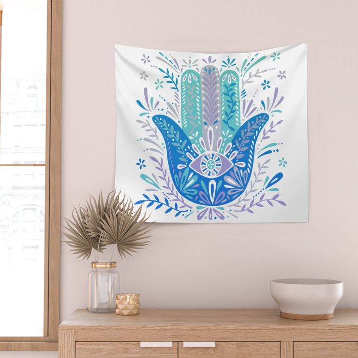 Hamsa Hand - Blue & Turquoise Palette Wall Tapestry Gallery Image 2