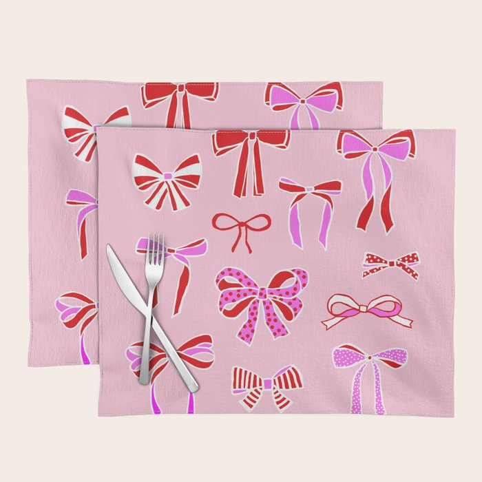 Festive Pink and Red Christmas Ribbons and Bows hand drawn Collection on Pastel Pink Placemat Gallery Image 1