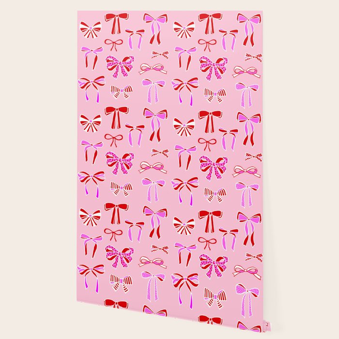 Festive Pink and Red Christmas Ribbons and Bows hand drawn Collection on Pastel Pink Wallpaper Gallery Image 2