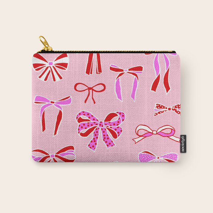 Festive Pink and Red Christmas Ribbons and Bows hand drawn Collection on Pastel Pink Carry All Pouch Gallery Image 1