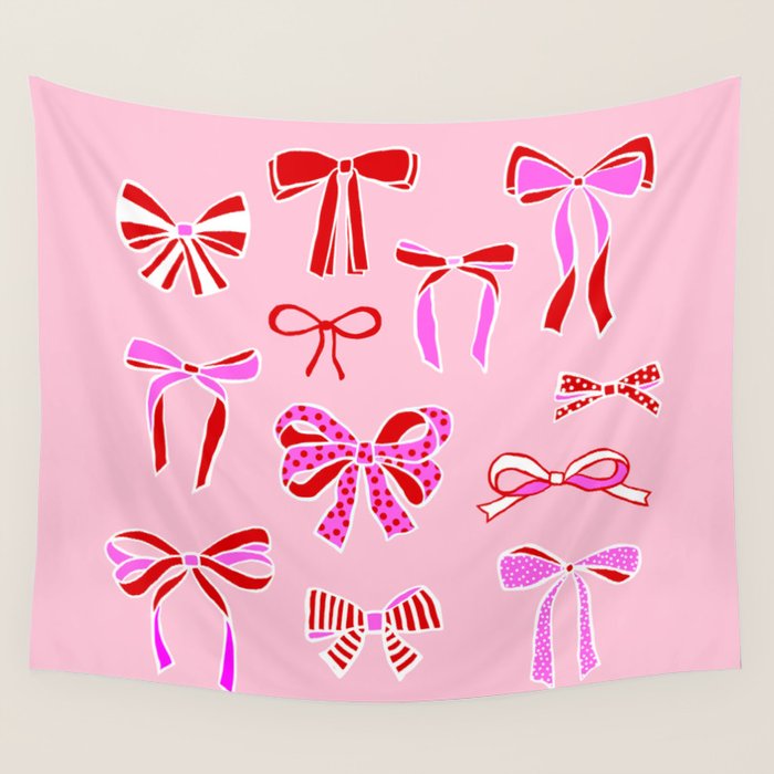 Festive Pink and Red Christmas Ribbons and Bows hand drawn Collection on Pastel Pink Wall Tapestry Gallery Image 1