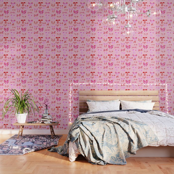 Festive Pink and Red Christmas Ribbons and Bows hand drawn Collection on Pastel Pink Wallpaper Gallery Image 1