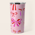 Festive Pink and Red Christmas Ribbons and Bows hand drawn Collection on Pastel Pink Travel Mug Gallery Image 1