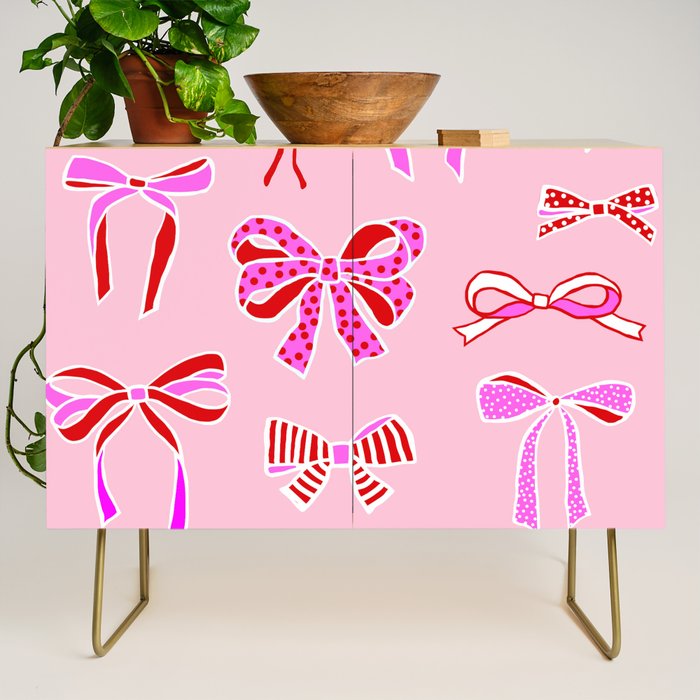 Festive Pink and Red Christmas Ribbons and Bows hand drawn Collection on Pastel Pink Credenza Gallery Image 1