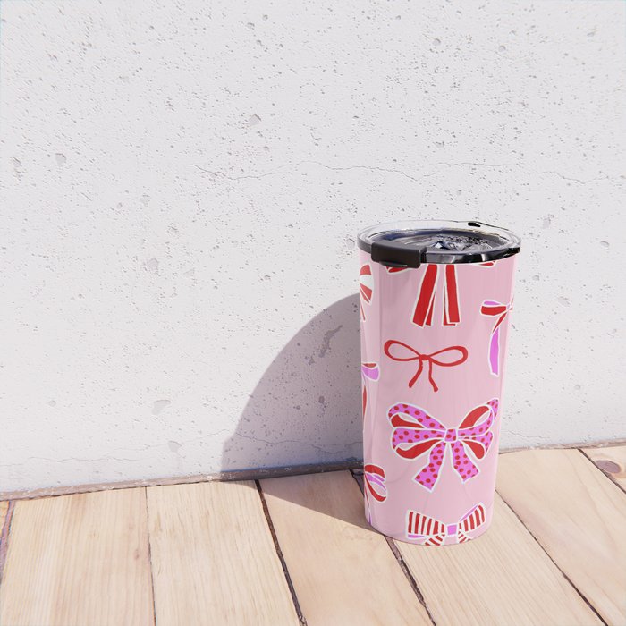 Festive Pink and Red Christmas Ribbons and Bows hand drawn Collection on Pastel Pink Travel Mug Gallery Image 4