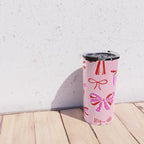 Festive Pink and Red Christmas Ribbons and Bows hand drawn Collection on Pastel Pink Travel Mug Gallery Image 4