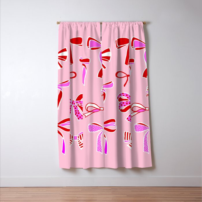 Festive Pink and Red Christmas Ribbons and Bows hand drawn Collection on Pastel Pink Window Curtain Gallery Image 3