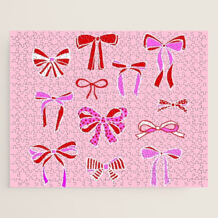 Festive Pink and Red Christmas Ribbons and Bows hand drawn Collection on Pastel Pink Jigsaw Puzzle Gallery Image 1