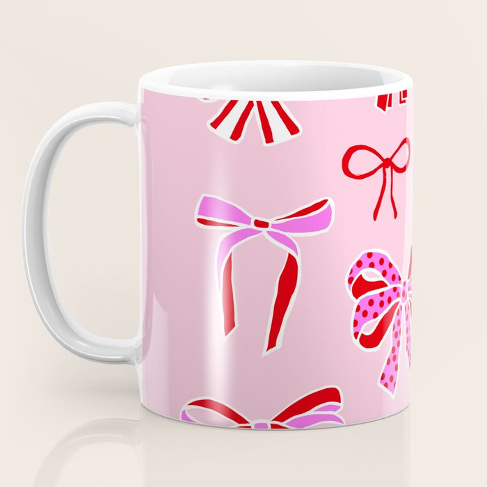 Festive Pink and Red Christmas Ribbons and Bows hand drawn Collection on Pastel Pink Coffee Mug Gallery Image 3