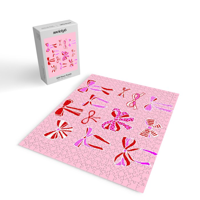 Festive Pink and Red Christmas Ribbons and Bows hand drawn Collection on Pastel Pink Jigsaw Puzzle Gallery Image 2