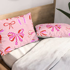 Festive Pink and Red Christmas Ribbons and Bows hand drawn Collection on Pastel Pink Pillow Sham Gallery Image 2