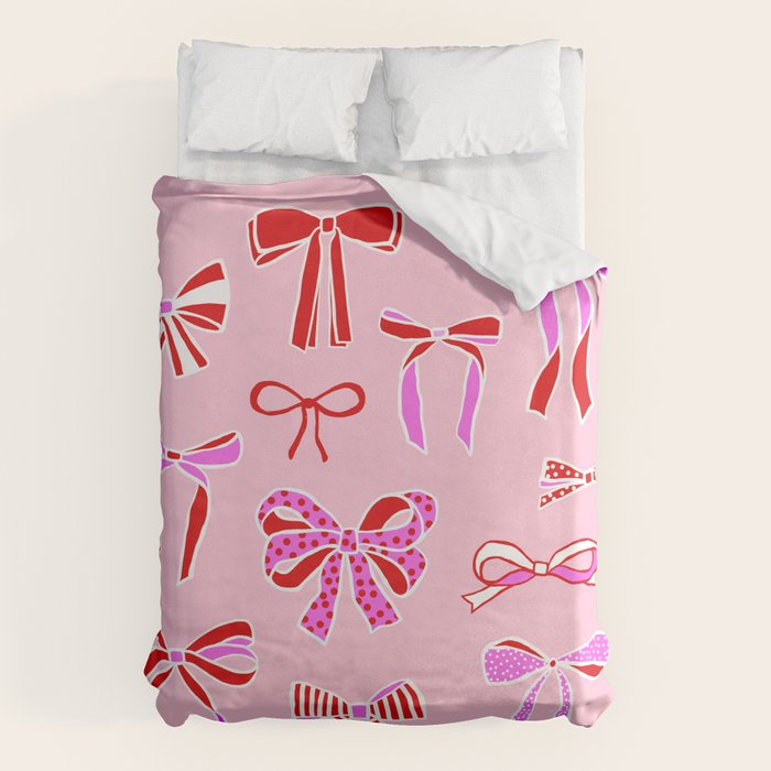 Festive Pink and Red Christmas Ribbons and Bows hand drawn Collection on Pastel Pink Duvet Cover Gallery Image 6