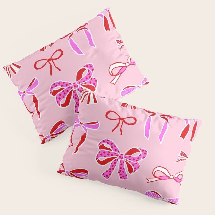 Festive Pink and Red Christmas Ribbons and Bows hand drawn Collection on Pastel Pink Pillow Sham Gallery Image 3