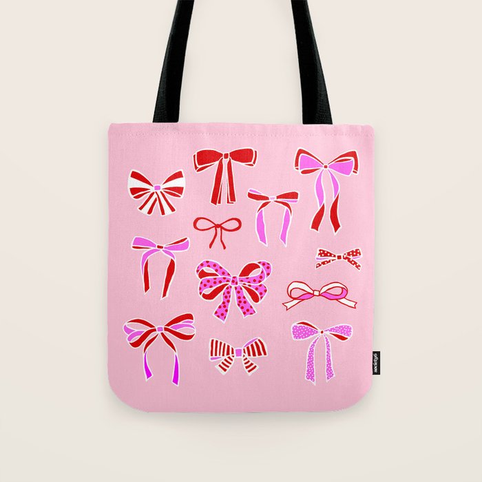 Festive Pink and Red Christmas Ribbons and Bows hand drawn Collection on Pastel Pink Tote Bag Gallery Image 1