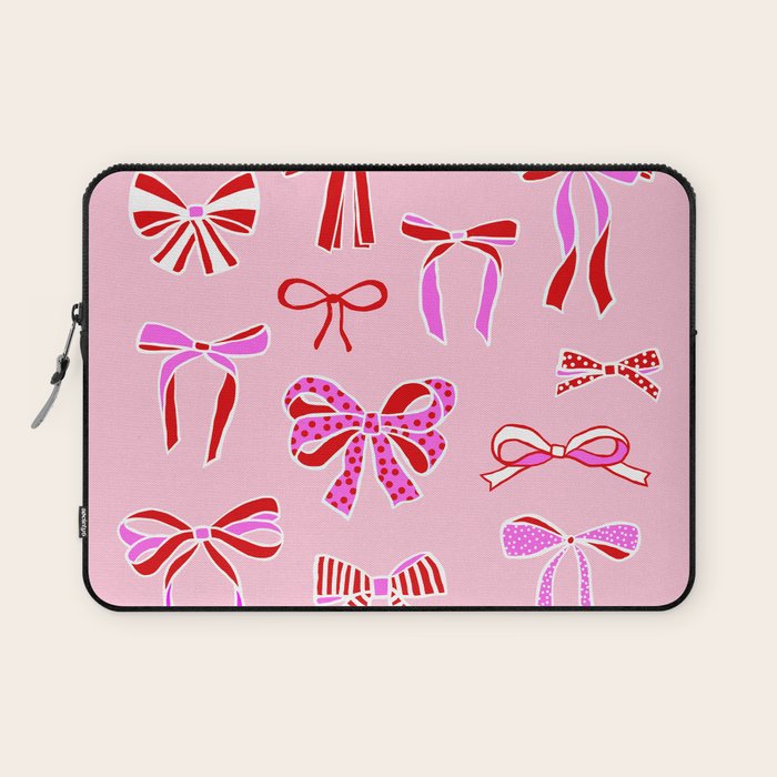 Festive Pink and Red Christmas Ribbons and Bows hand drawn Collection on Pastel Pink Laptop Sleeve Gallery Image 1