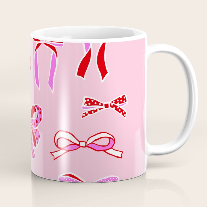 Festive Pink and Red Christmas Ribbons and Bows hand drawn Collection on Pastel Pink Coffee Mug Gallery Image 1