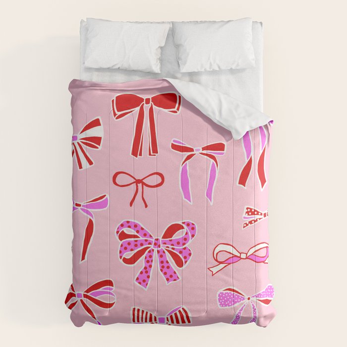 Festive Pink and Red Christmas Ribbons and Bows hand drawn Collection on Pastel Pink Comforter Gallery Image 6